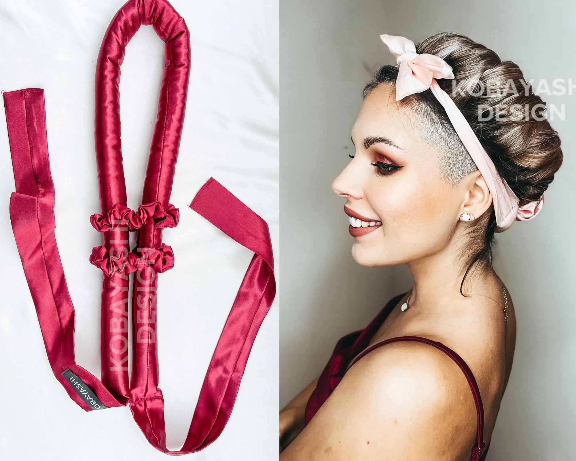 Long Large SATIN heatless hair curler with ties- ribbon and Scrunchie hair curling set