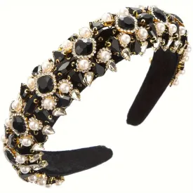 Luxurious Baroque Padded Velvet Rhinestone & Pearl  Ladies Women Headband - Black ((Style 3))