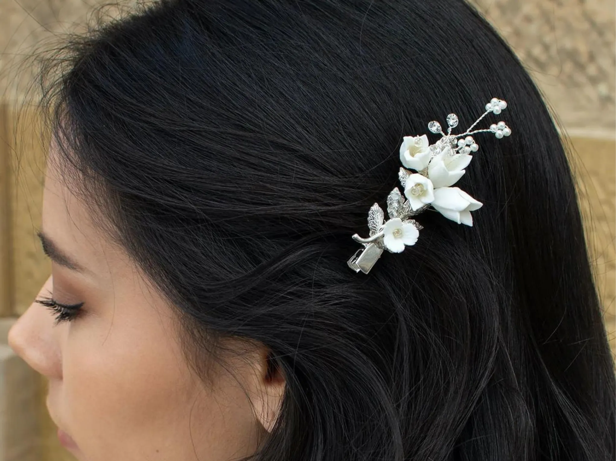 Millicent - Dainty Porcelain Flower Pearl Bridal Hair Clip