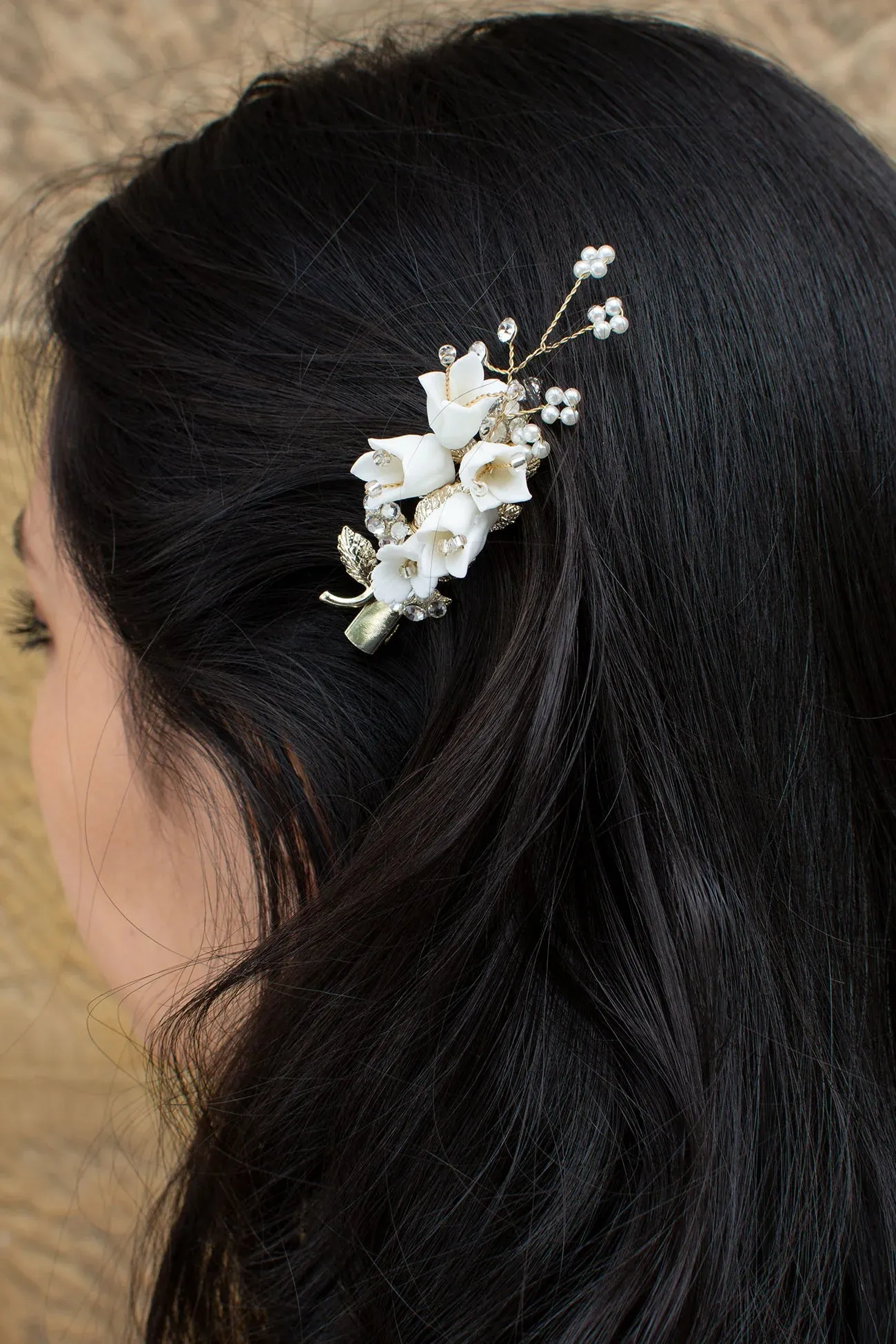 Millicent - Dainty Porcelain Flower Pearl Bridal Hair Clip