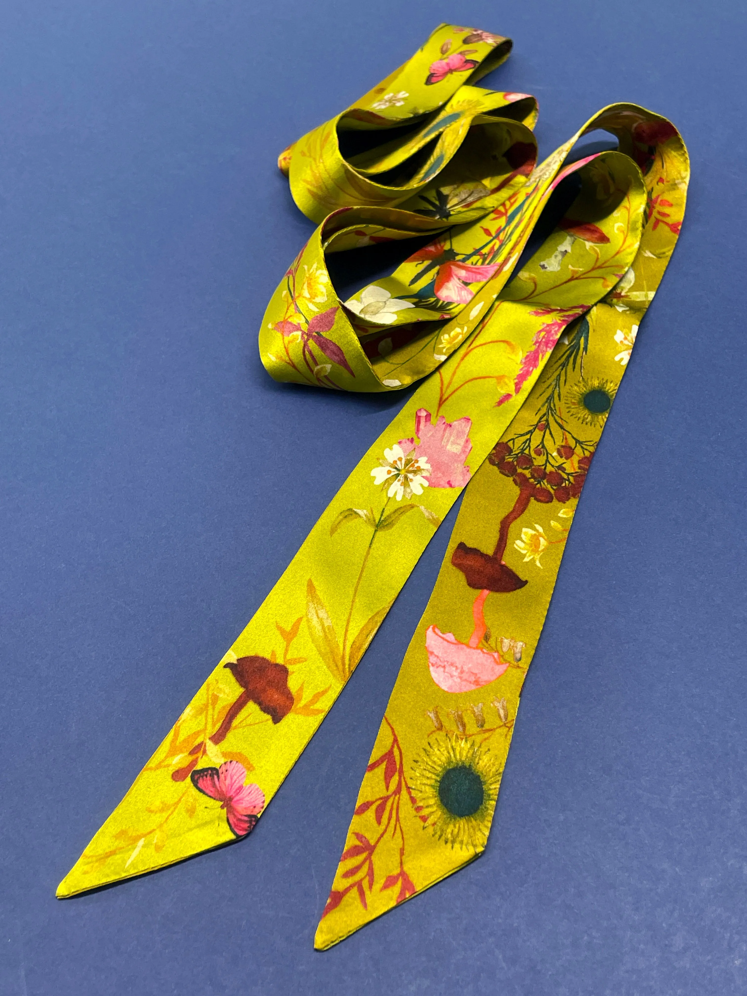 Ochre yellow Silk satin 'Helios' Ultra Skinny silk scarf with mushrooms and sunflowers