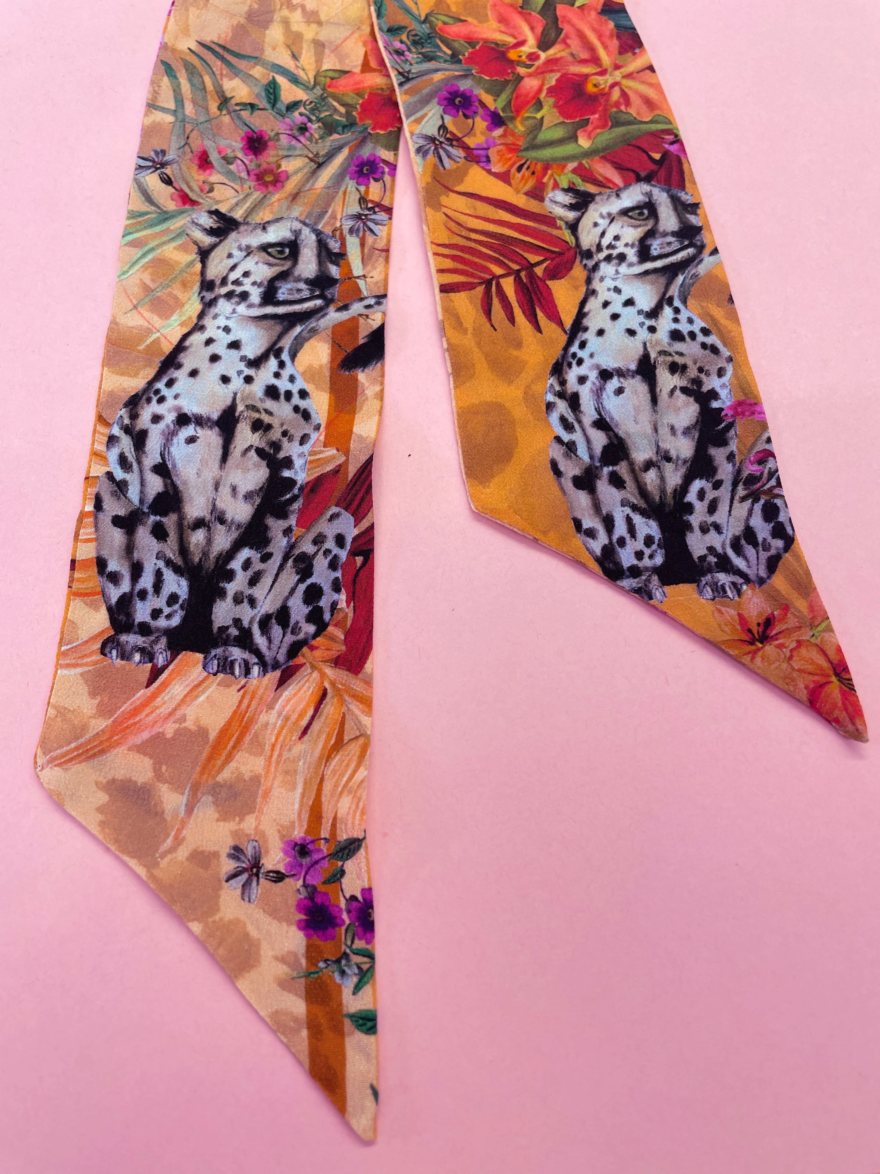 Peach botanical 'Panthera' skinny Silk scarf, delicate, lightweight Twilly style scarf accessory with animal print texture