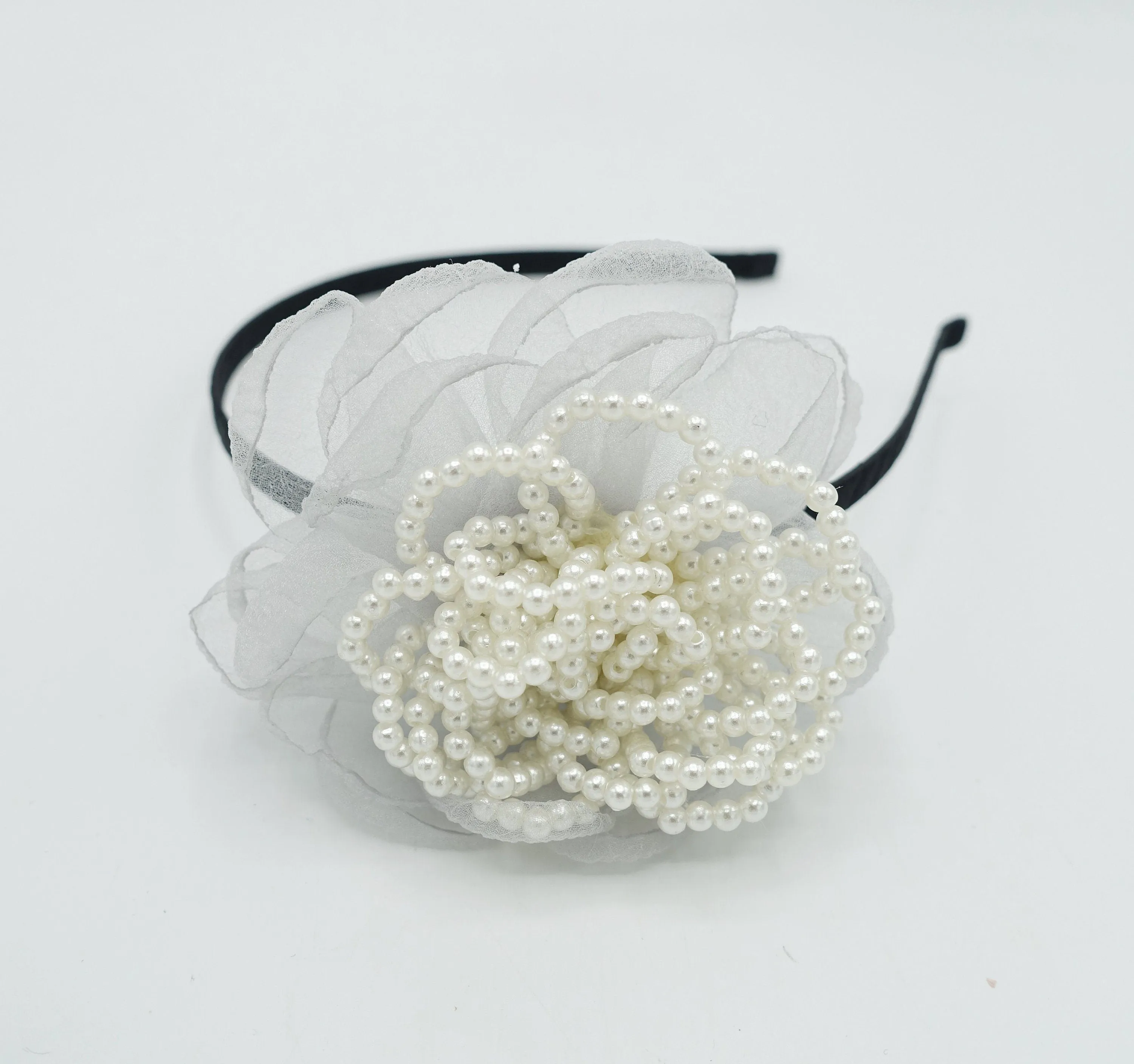 pearl embellished flower headband organza petal pistil hair accessory for women