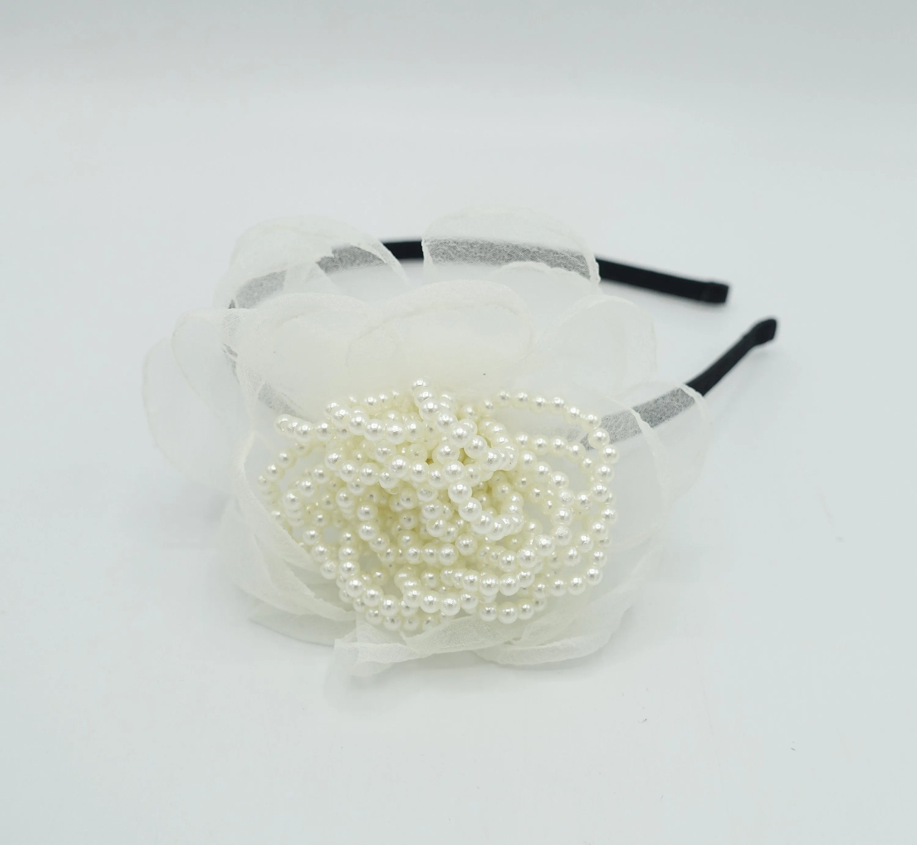 pearl embellished flower headband organza petal pistil hair accessory for women