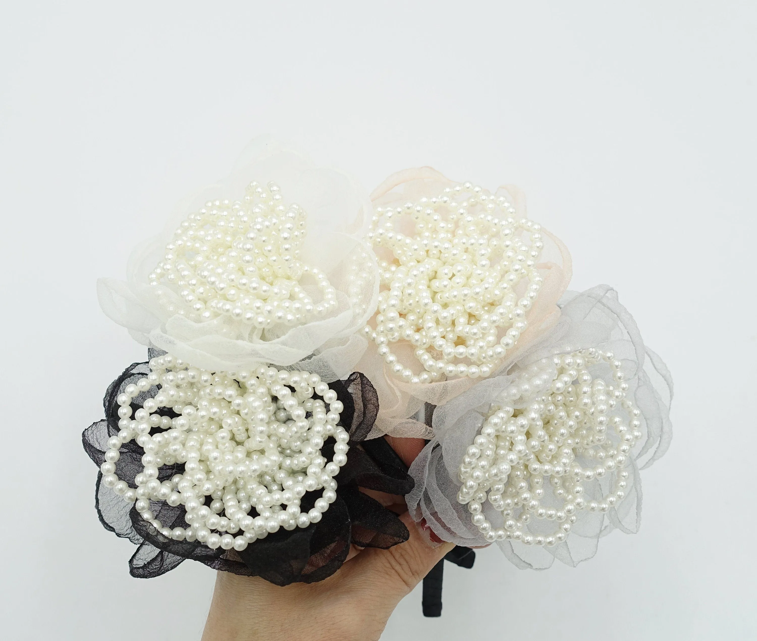 pearl embellished flower headband organza petal pistil hair accessory for women