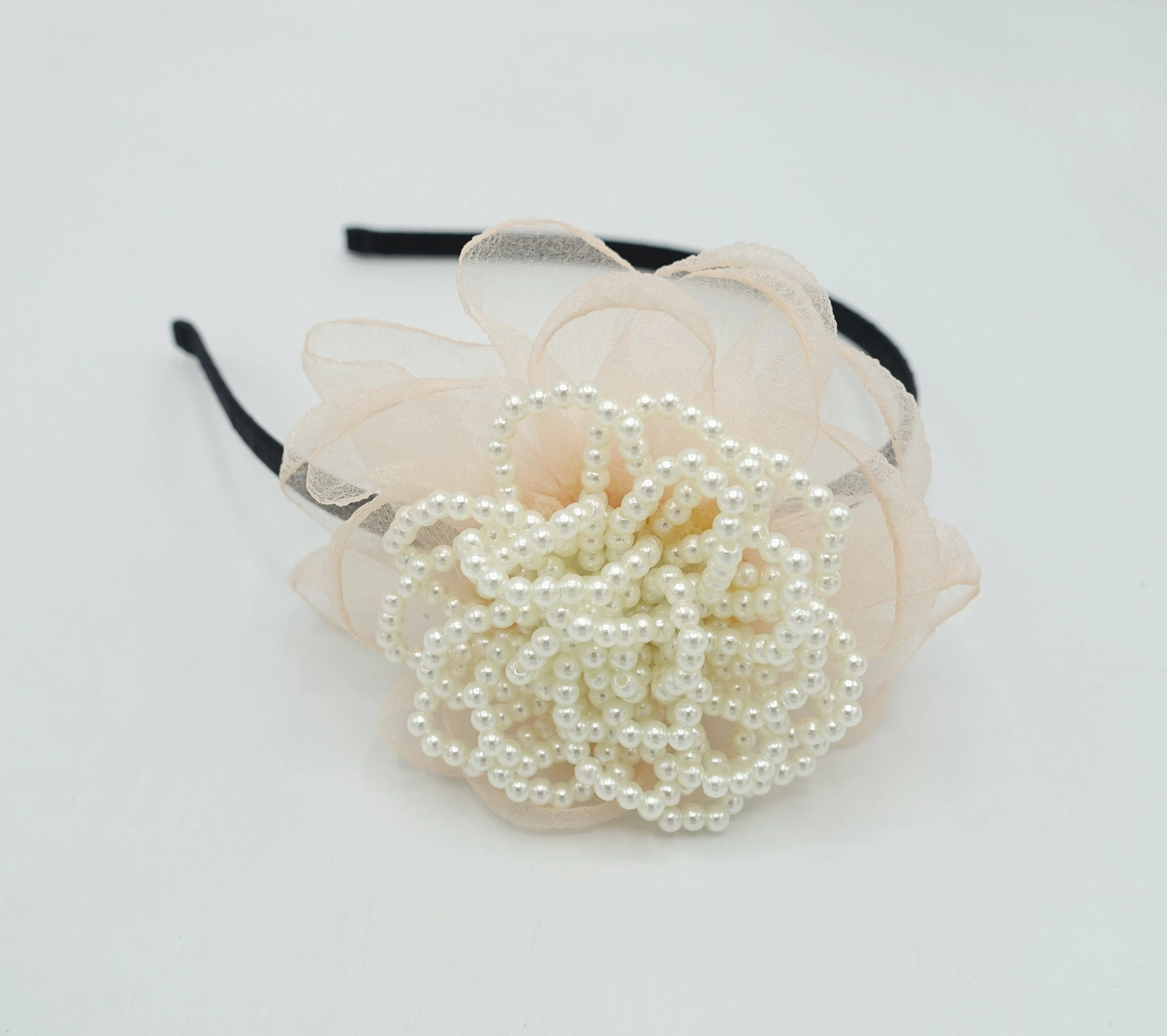 pearl embellished flower headband organza petal pistil hair accessory for women