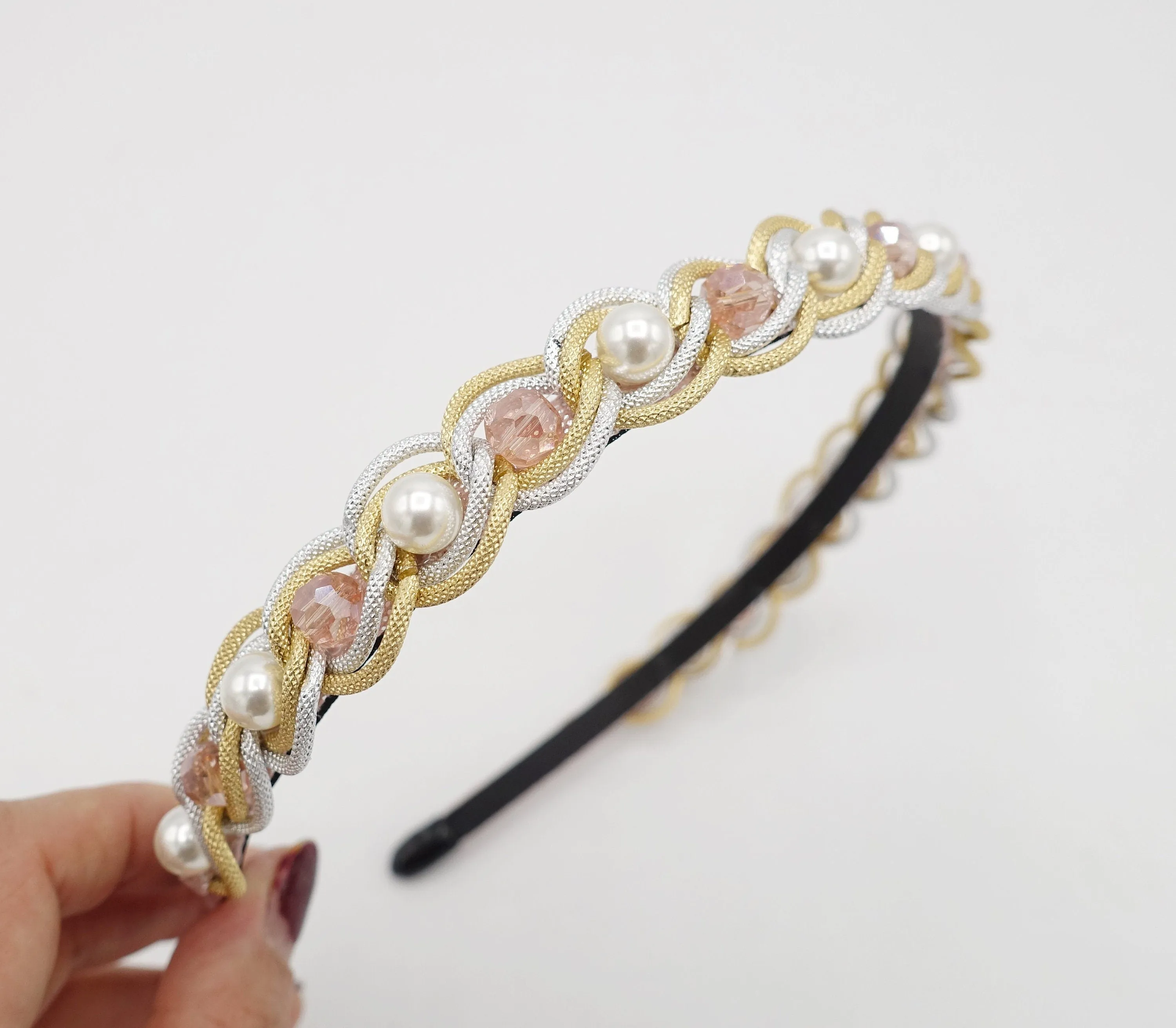 pearl glass beads embellished chain headband thin hairband hair accessory for women