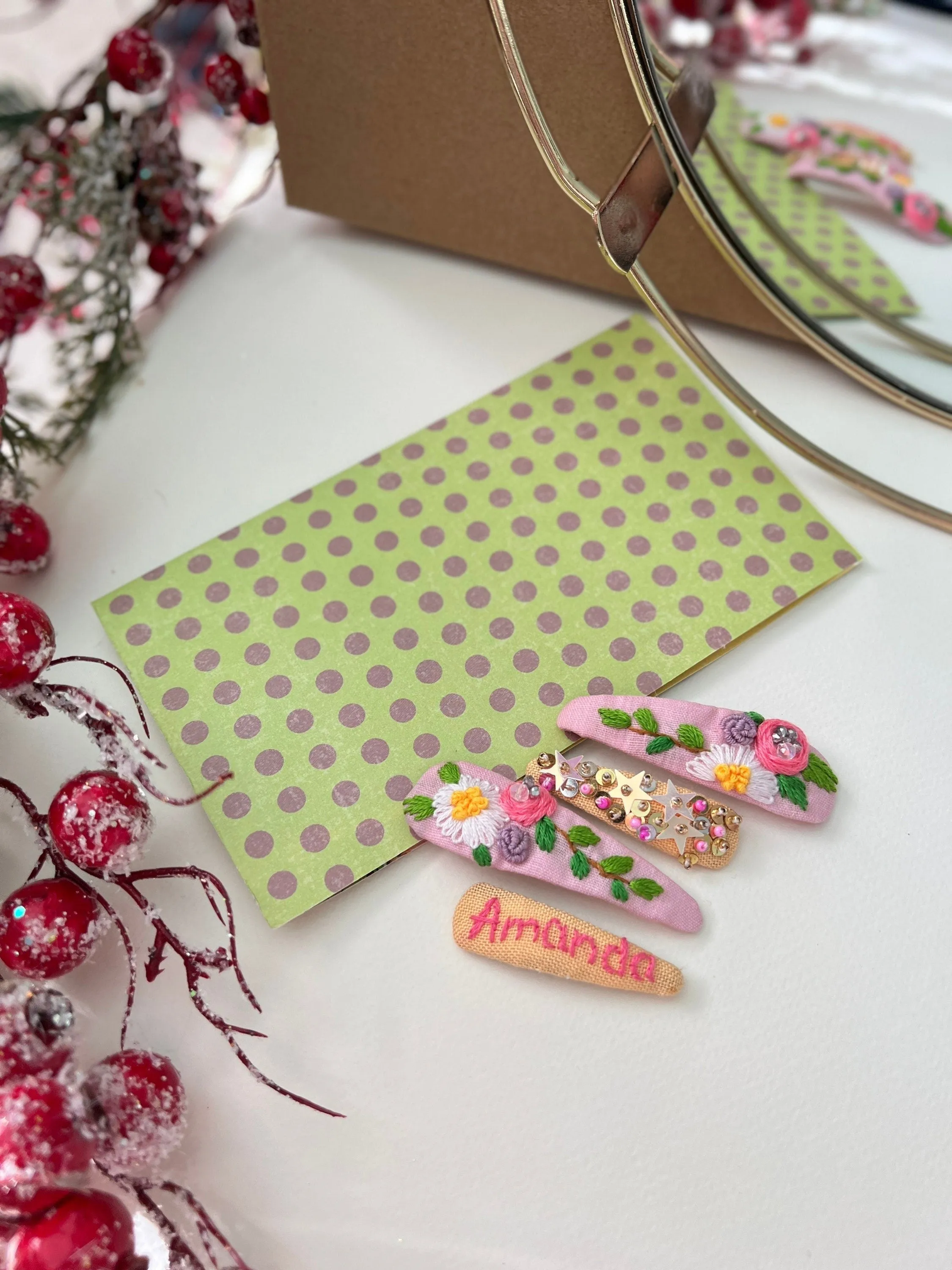 Personalized Embroidered beaded snap clips