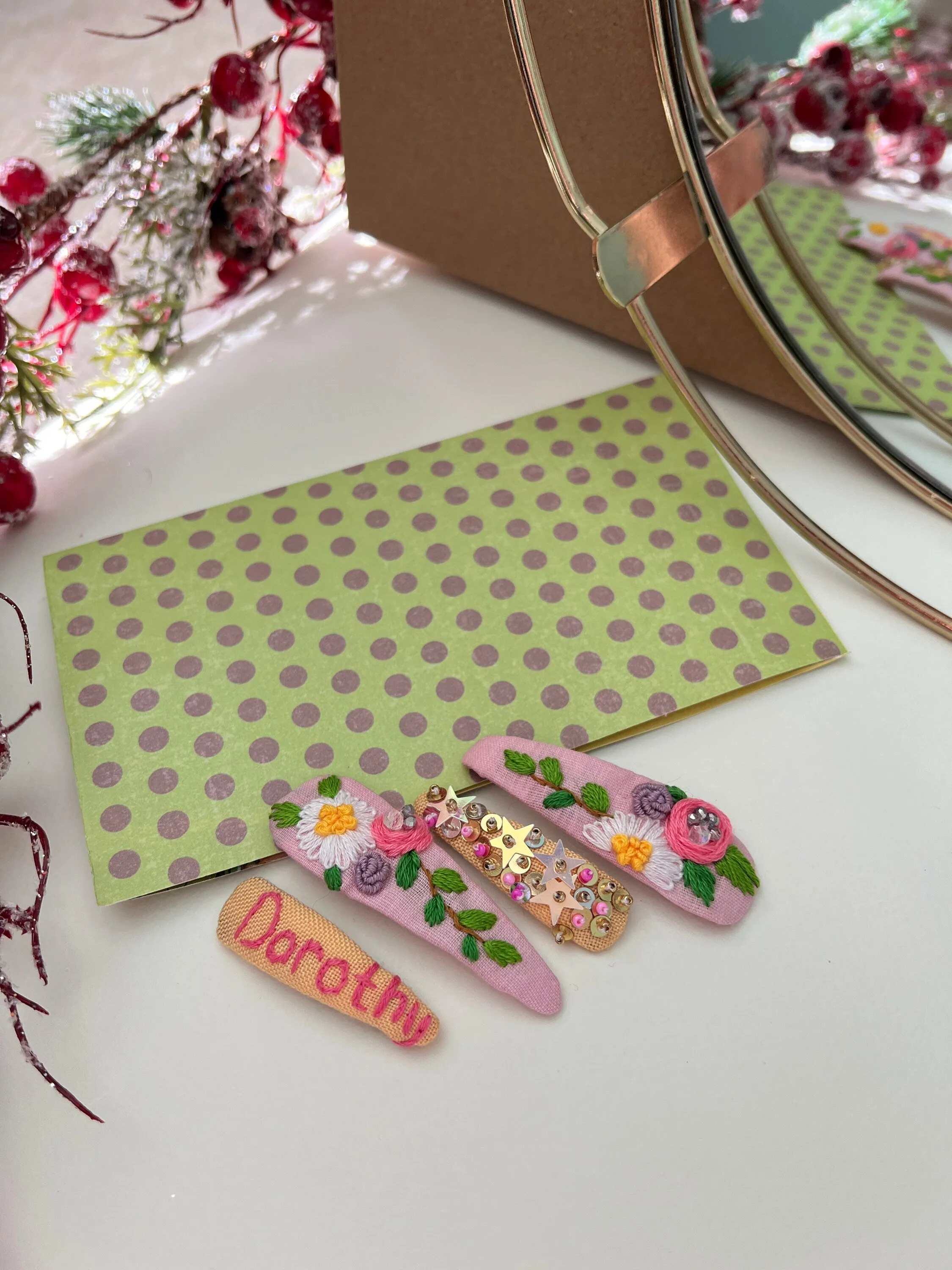 Personalized Embroidered beaded snap clips