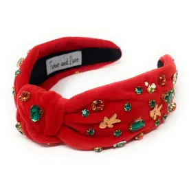 Red Velour Christmas Jeweled Knot Headband