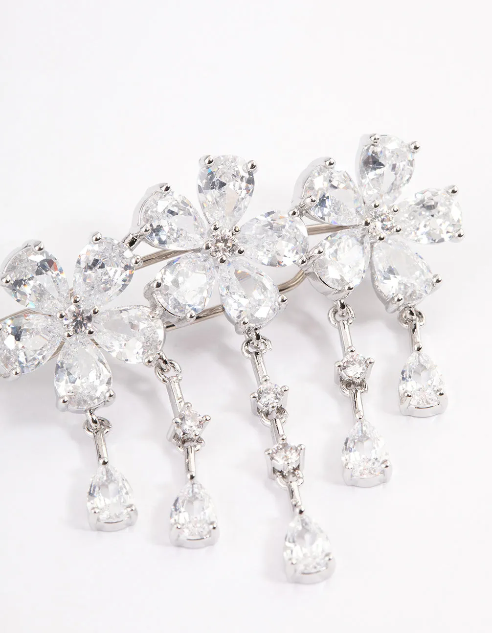 Rhodium Cubic Zirconia Triple Flower Droplet Hair Clips Pack