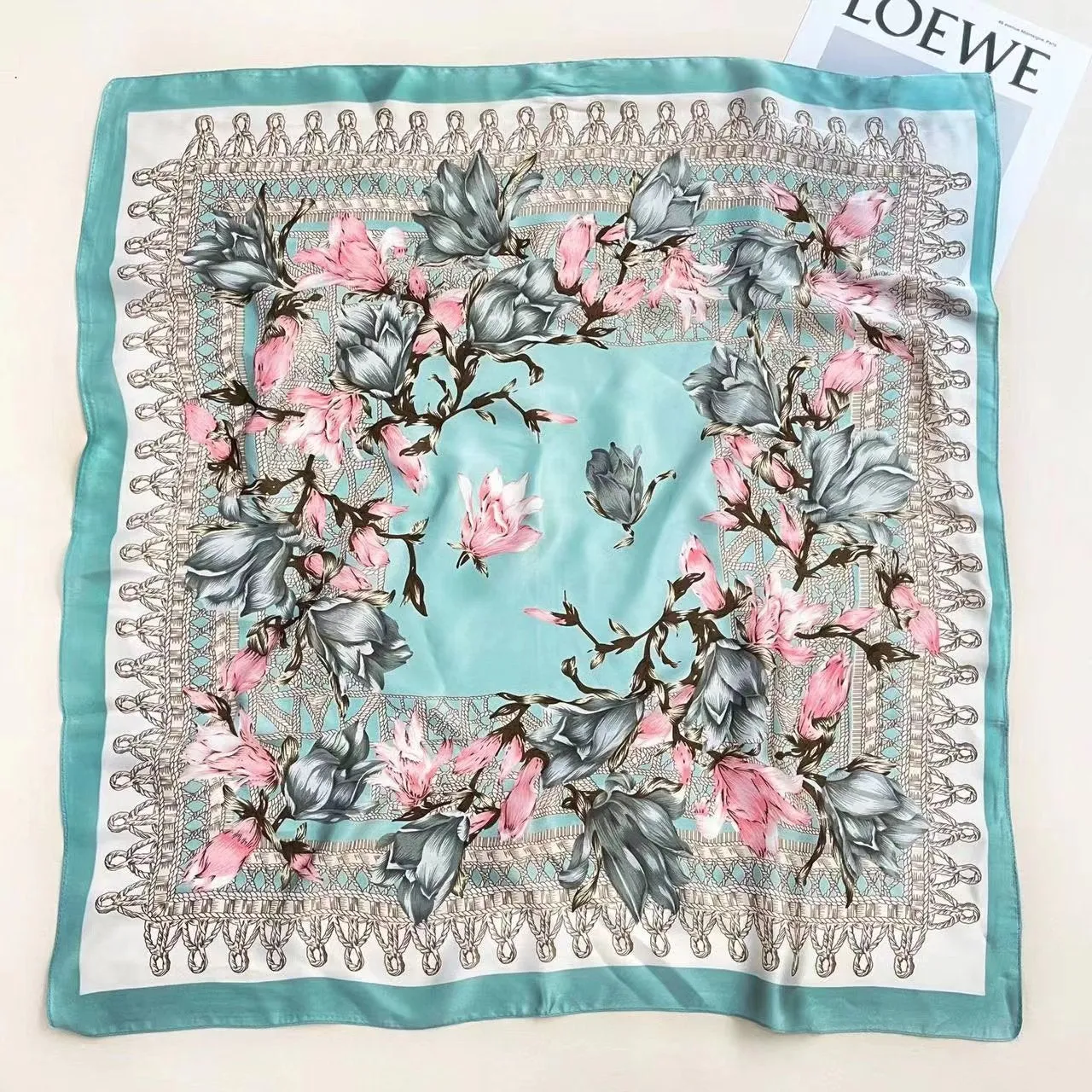 Silky Blue Floral Pattern Bandana Scarf for Women, 70*70cm