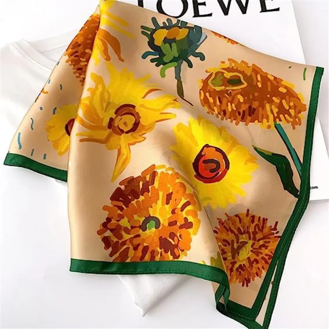 Silky Yellow Sunflower Bandana Scarf for Women, 70*70cm