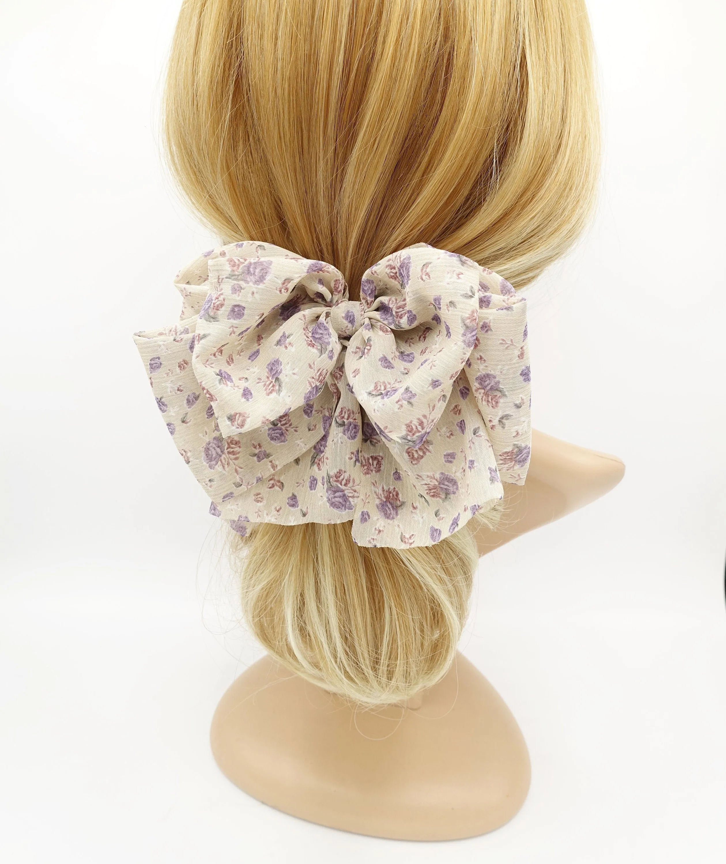 tiny flower print hair bow floral layered tail women hair accessory