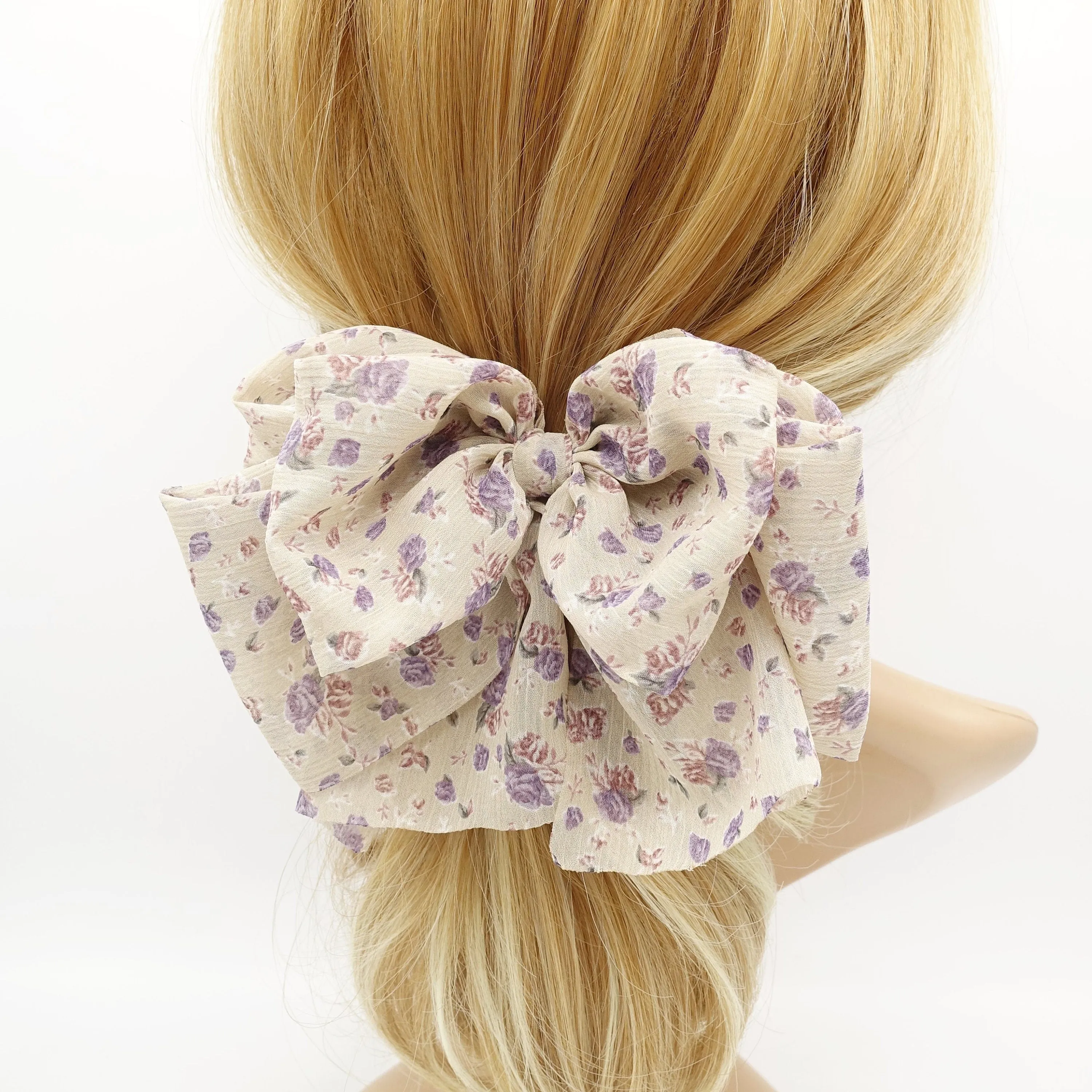 tiny flower print hair bow floral layered tail women hair accessory