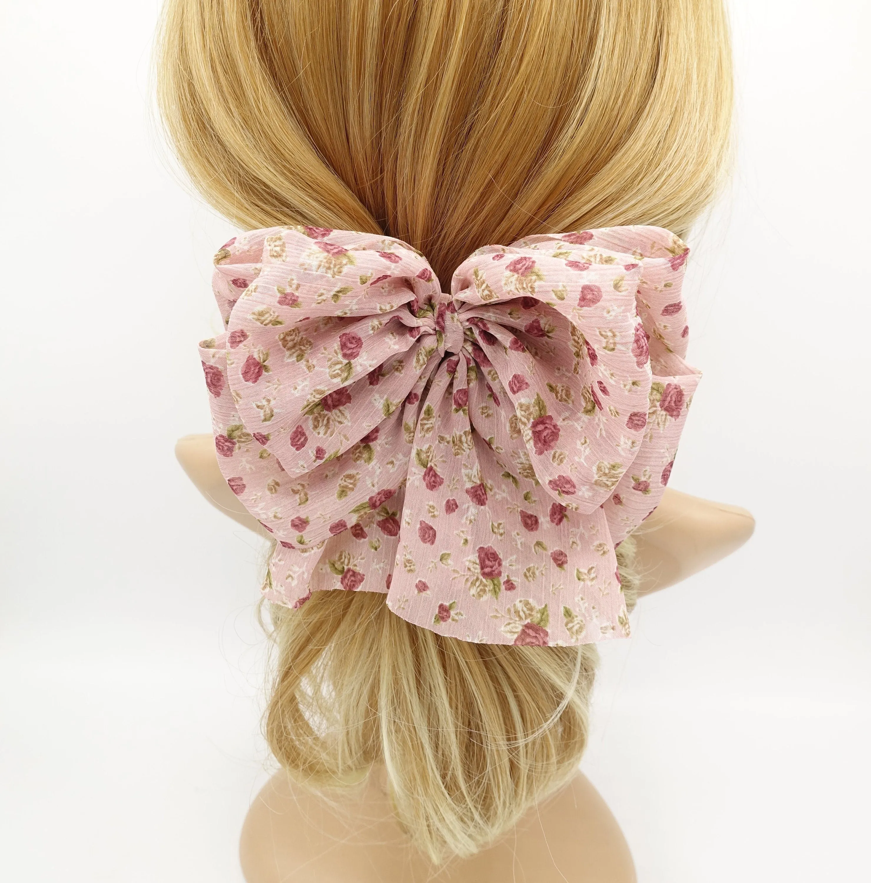 tiny flower print hair bow floral layered tail women hair accessory