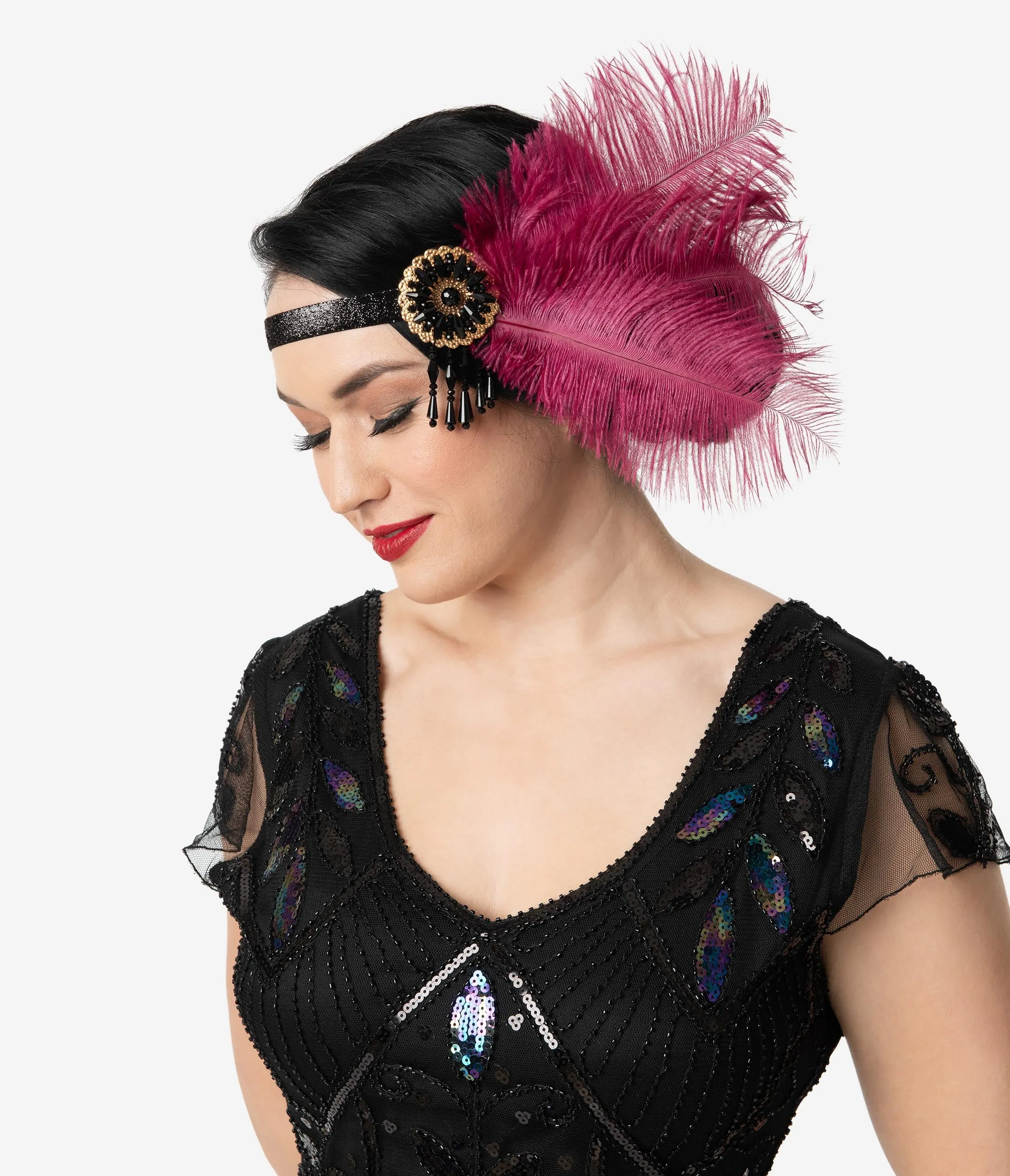 Unique Vintage Magenta Feathers & Black Beaded Tassel Flapper Headband