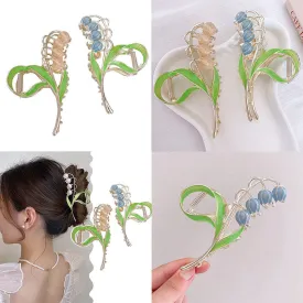 US 1~2 Pcs Large Floral Flower Enamel Lily of The Valley Blossom String Hair Claw