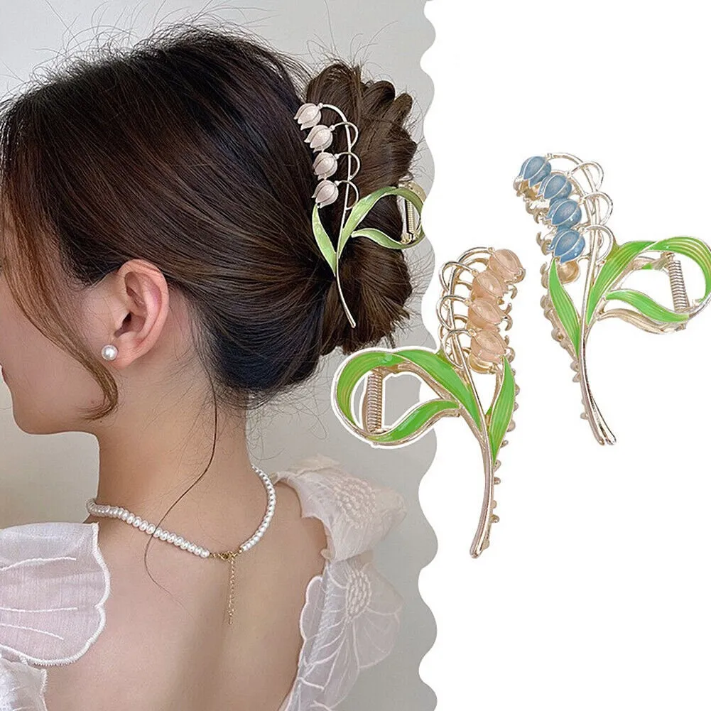 US 1~2 Pcs Large Floral Flower Enamel Lily of The Valley Blossom String Hair Claw