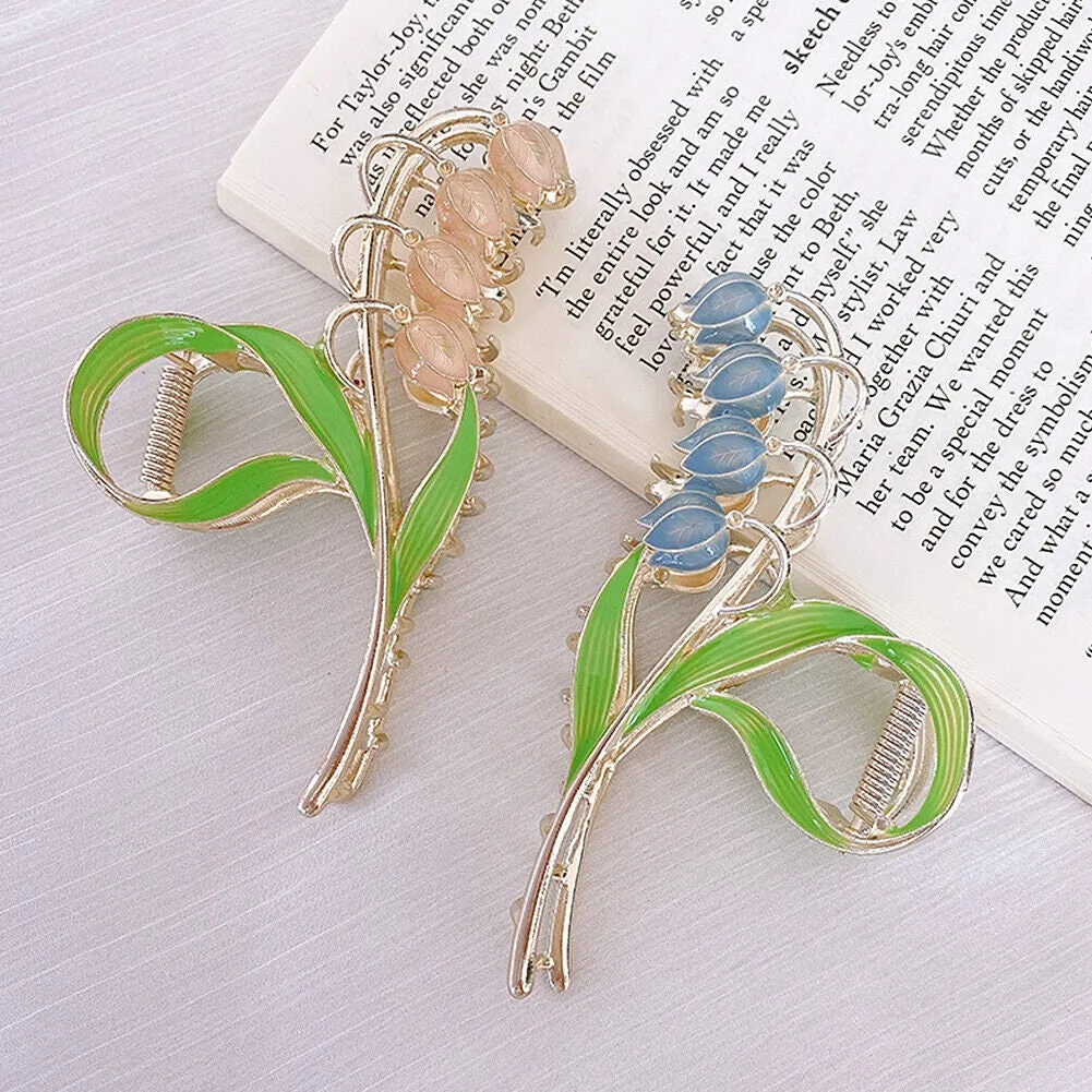 US 1~2 Pcs Large Floral Flower Enamel Lily of The Valley Blossom String Hair Claw