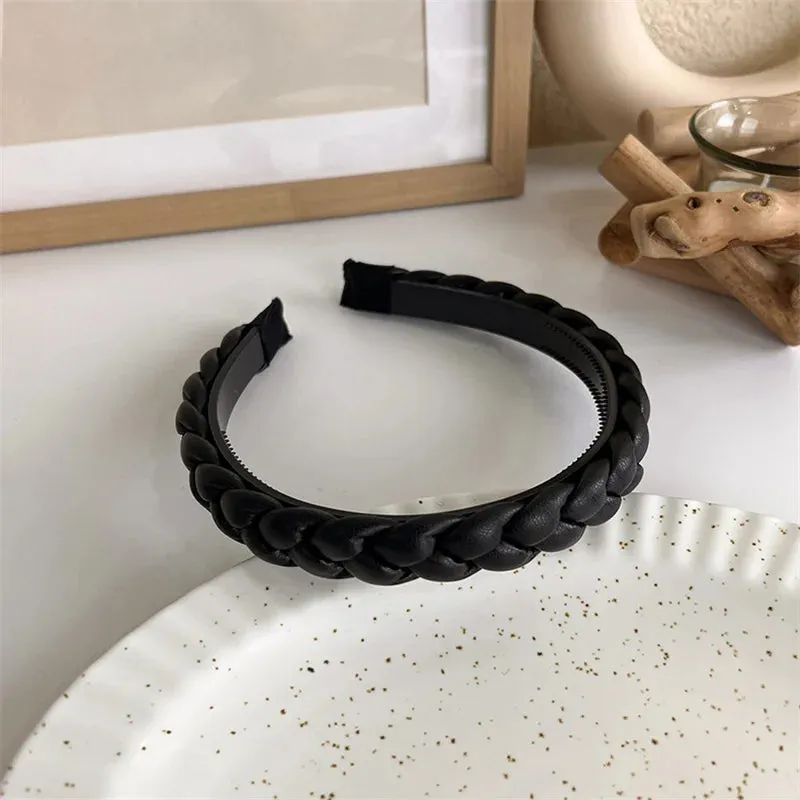 VAIGE Winter Velvet Bezel Hair Band with Pearl Cross Design, Black Leather Braided Headband for Casual Wear