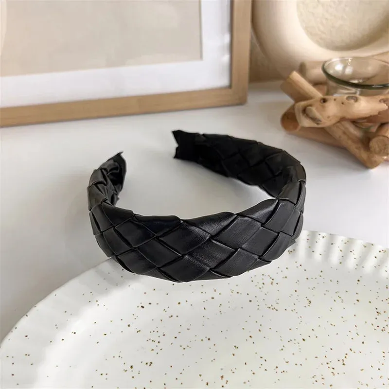 VAIGE Winter Velvet Bezel Hair Band with Pearl Cross Design, Black Leather Braided Headband for Casual Wear