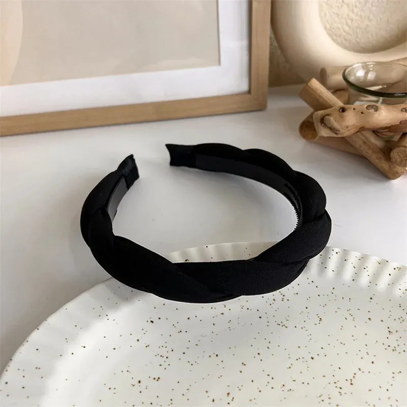 VAIGE Winter Velvet Bezel Hair Band with Pearl Cross Design, Black Leather Braided Headband for Casual Wear