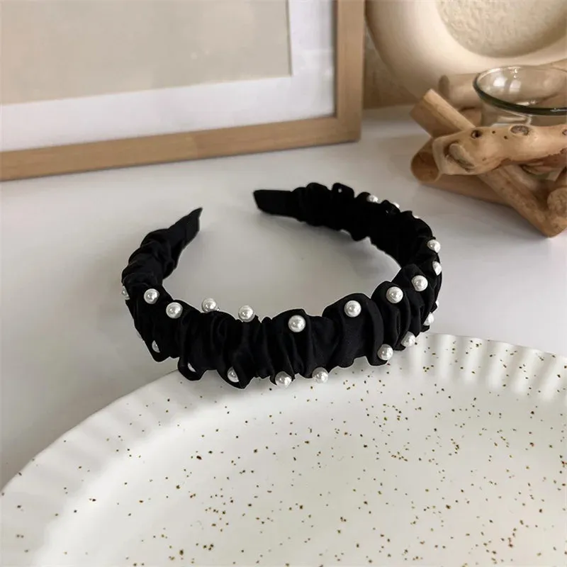 VAIGE Winter Velvet Bezel Hair Band with Pearl Cross Design, Black Leather Braided Headband for Casual Wear