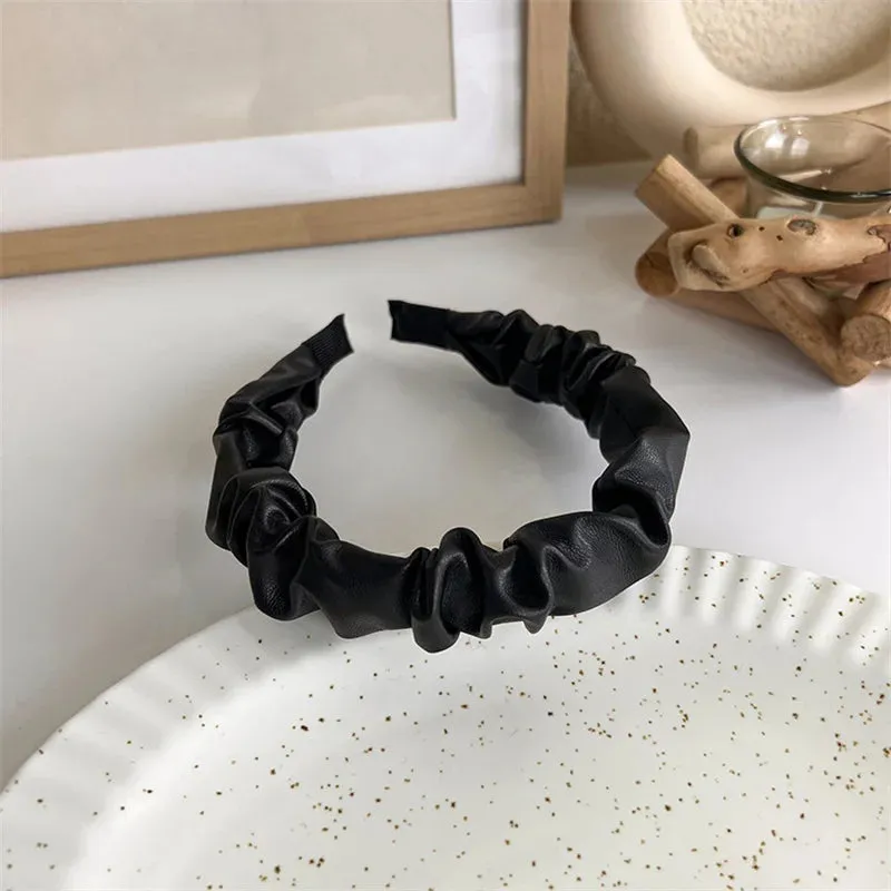 VAIGE Winter Velvet Bezel Hair Band with Pearl Cross Design, Black Leather Braided Headband for Casual Wear