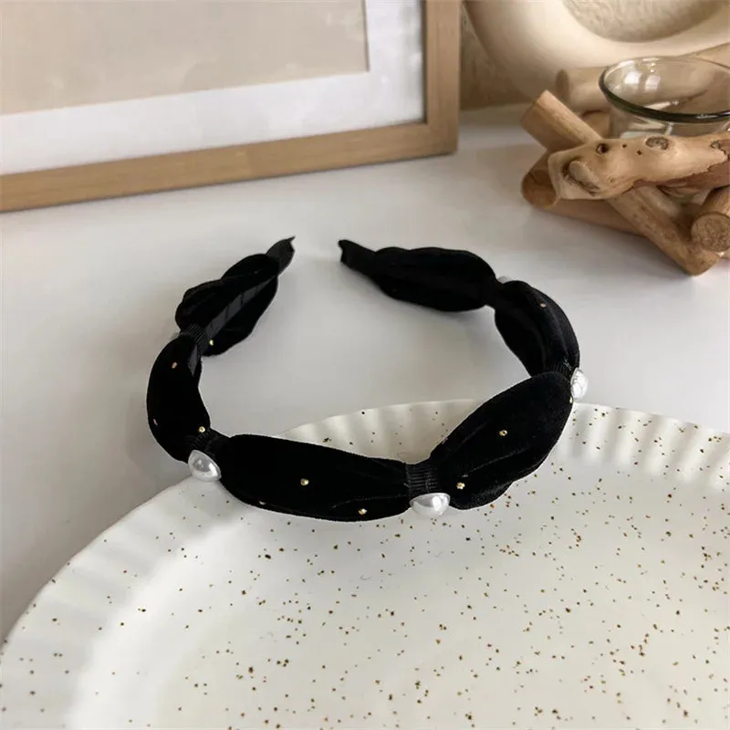 VAIGE Winter Velvet Bezel Hair Band with Pearl Cross Design, Black Leather Braided Headband for Casual Wear