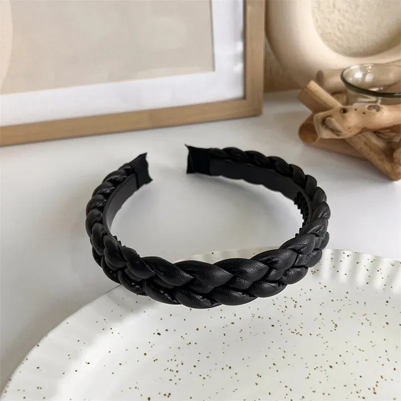 VAIGE Winter Velvet Bezel Hair Band with Pearl Cross Design, Black Leather Braided Headband for Casual Wear