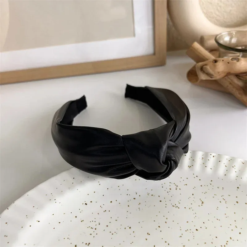 VAIGE Winter Velvet Bezel Hair Band with Pearl Cross Design, Black Leather Braided Headband for Casual Wear