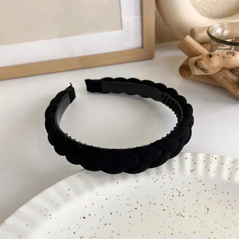 VAIGE Winter Velvet Bezel Hair Band with Pearl Cross Design, Black Leather Braided Headband for Casual Wear