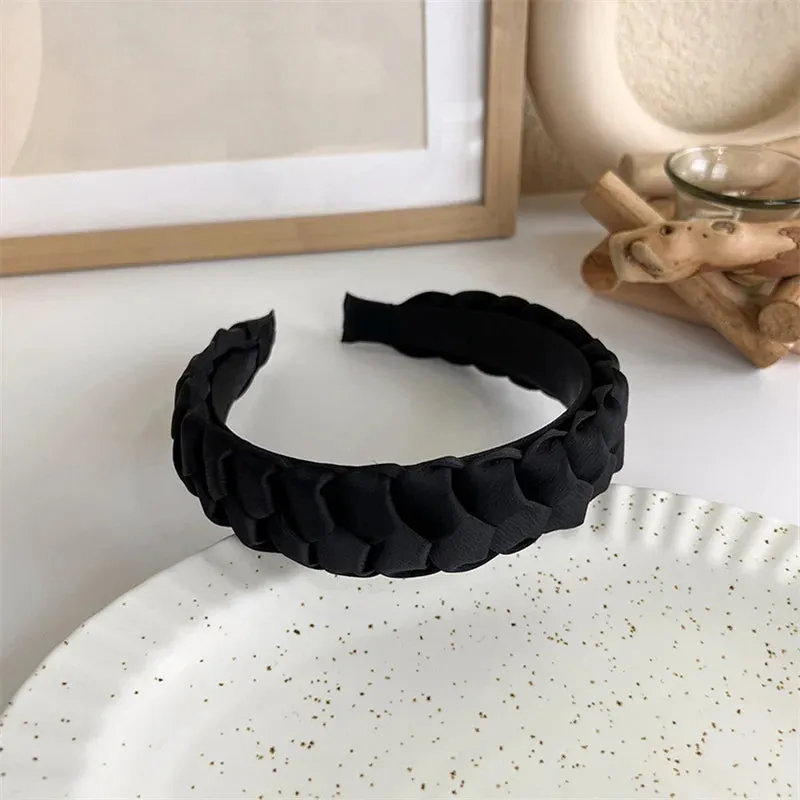 VAIGE Winter Velvet Bezel Hair Band with Pearl Cross Design, Black Leather Braided Headband for Casual Wear