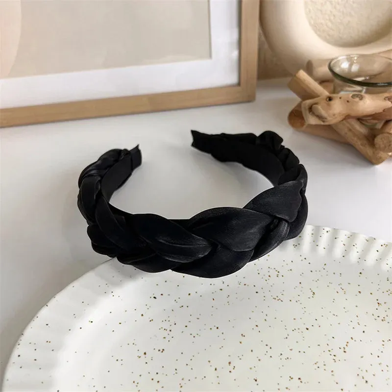 VAIGE Winter Velvet Bezel Hair Band with Pearl Cross Design, Black Leather Braided Headband for Casual Wear