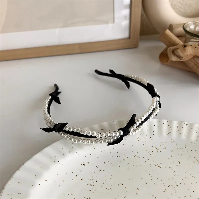 VAIGE Winter Velvet Bezel Hair Band with Pearl Cross Design, Black Leather Braided Headband for Casual Wear