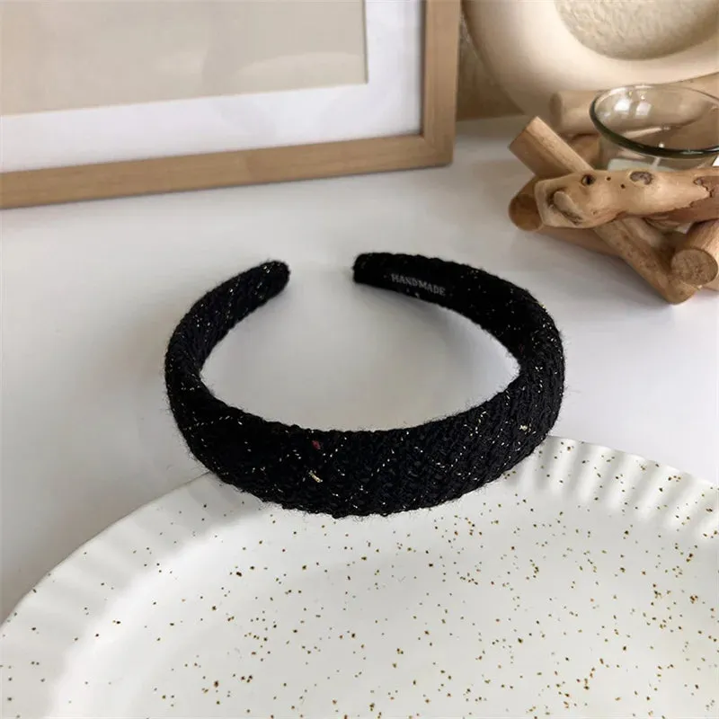 VAIGE Winter Velvet Bezel Hair Band with Pearl Cross Design, Black Leather Braided Headband for Casual Wear