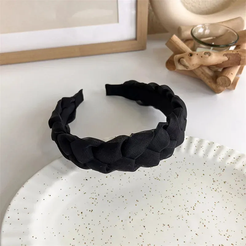 VAIGE Winter Velvet Bezel Hair Band with Pearl Cross Design, Black Leather Braided Headband for Casual Wear