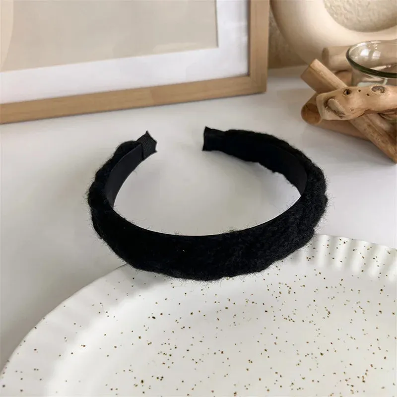 VAIGE Winter Velvet Bezel Hair Band with Pearl Cross Design, Black Leather Braided Headband for Casual Wear