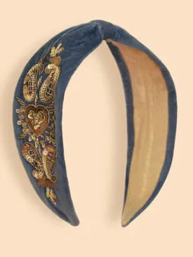 Velvet Embellished Headband - Royal Blue Heart