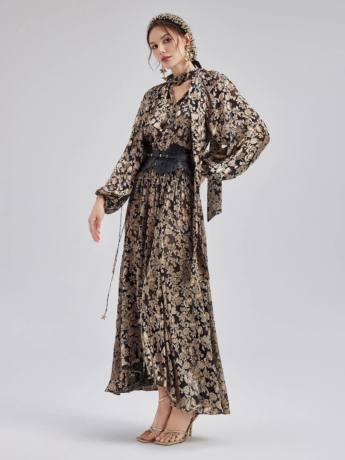 Velvet Jacquard Long Dress with Sequin Headband (No Belt)