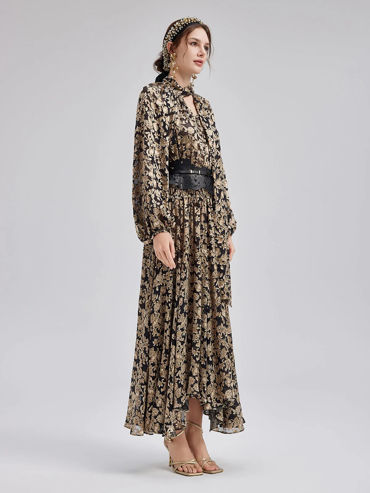 Velvet Jacquard Long Dress with Sequin Headband (No Belt)