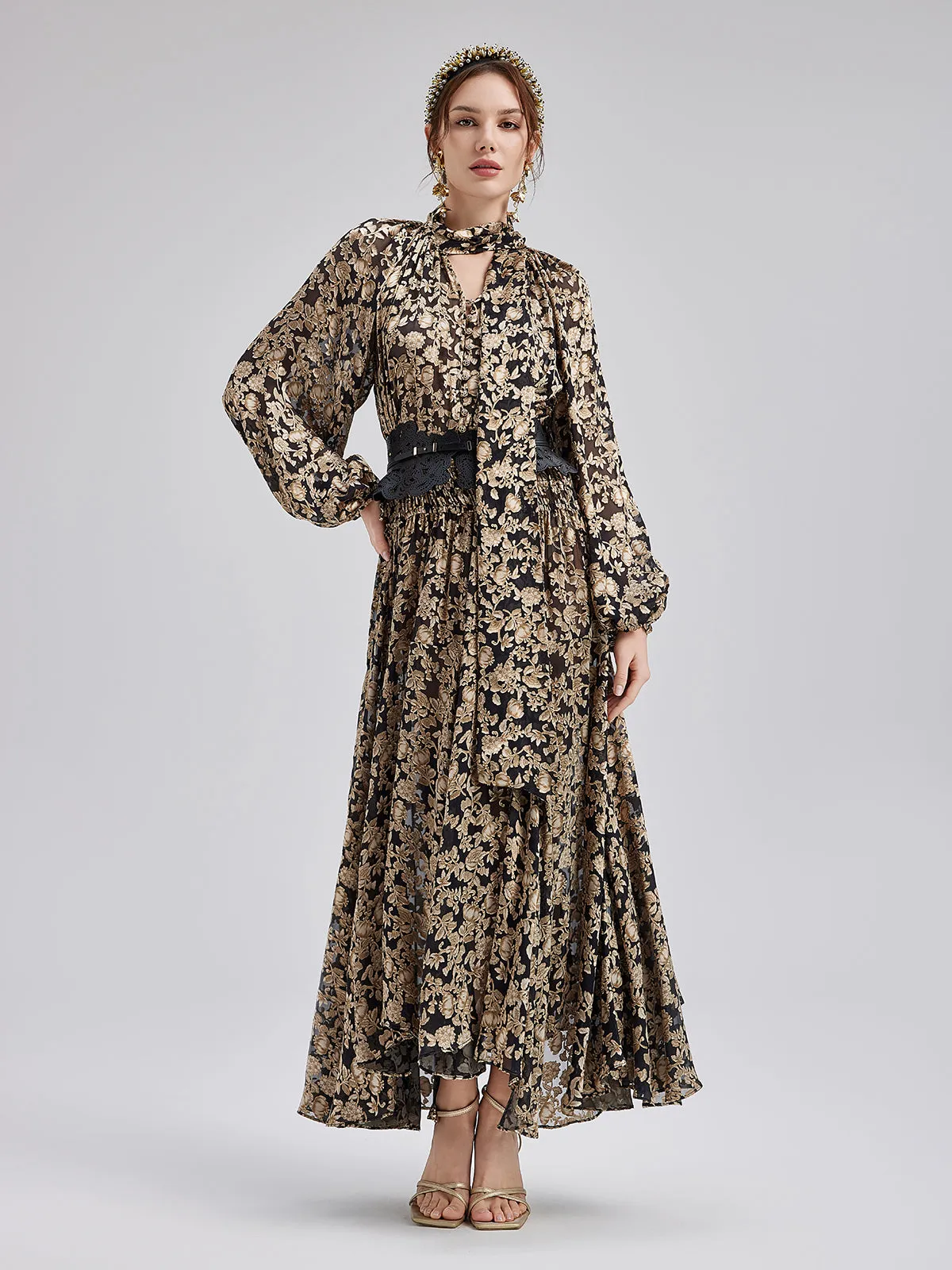 Velvet Jacquard Long Dress with Sequin Headband (No Belt)