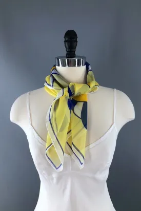 Vintage Sheer Yellow and Blue Art Deco Print Scarf